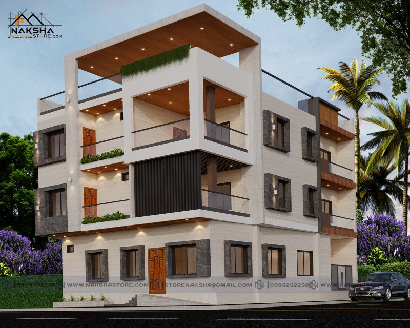 3 Floor Building Front Elevation | Contemporary Home Design India